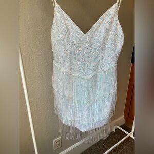 White Sequin Fringe Mini Dress - Strappy V-Neck